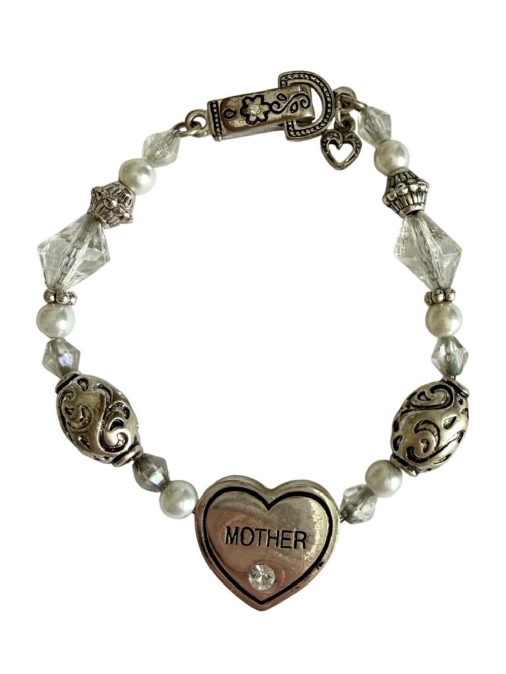 Mother Heart Bracelet 7.5in Reversible Silver Tone Faux Pearl Crystal Beads